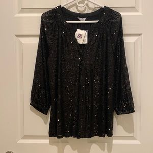 Ladies Crown & Ivy Black Sequined Peasant Top, Large